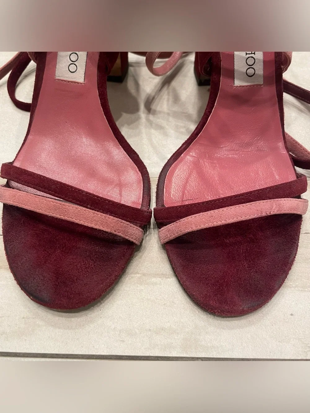 Jimmy Choo Flynn, orchid pink and burgundy suede wrap heels 37.5 7 7.5